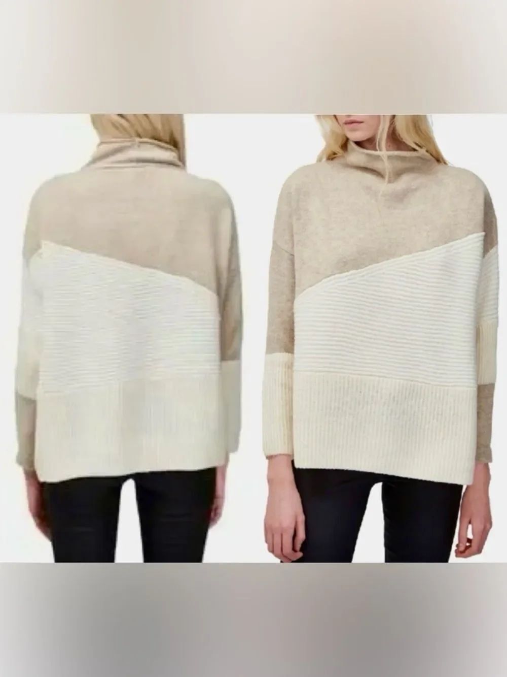 French Connection Cream and Beige Colorblock Funnel Neck Sweater